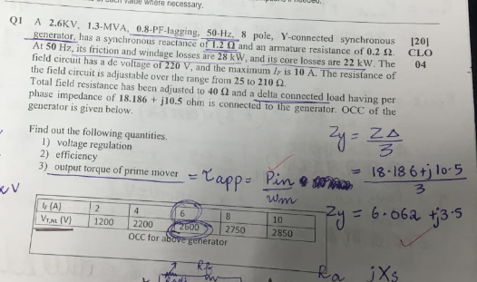 dlbe where necessary Q1 A 2.6KV, 1.3-MVA, 0.8-PF-lagging, 50-Hz, 8 pole, Y-connected synchronous 120 generator, has a synchro