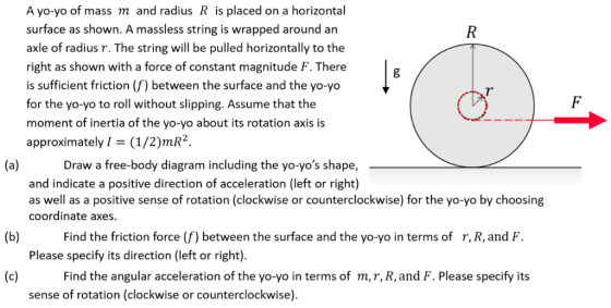 A yo-yo of mass m and radius R is placed on a horizontal surface as shown. A massless string is wrapped around an axle of rad