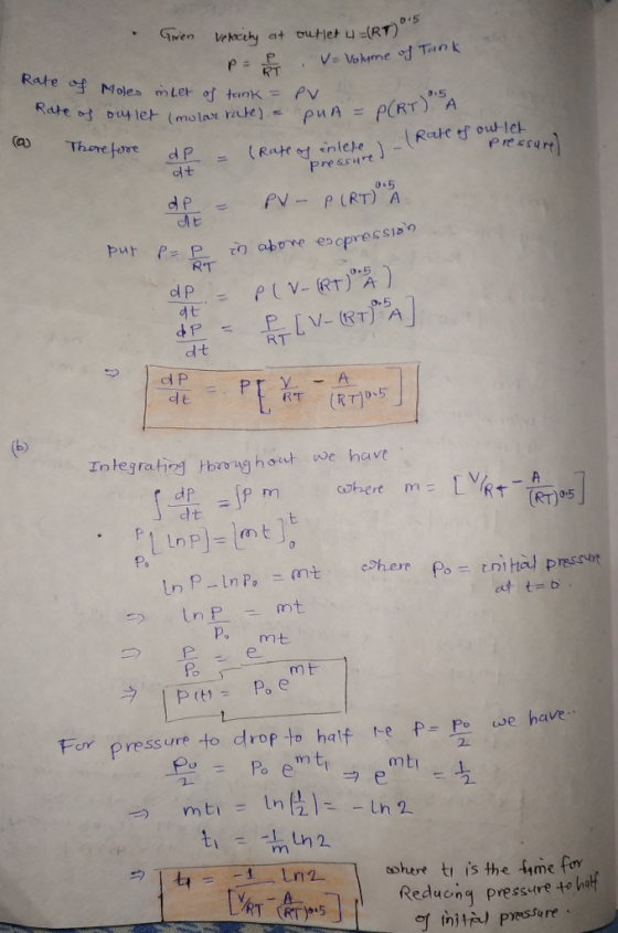 Rate @ Therefore df.ニ pressurt 0.5 RT d-t RT d t Inłegratig oroght ve havt dP 0.5 Ln p Po cSher Po For pressure to drop to ha