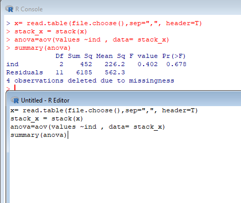 RR Console > x= read.table (file.choosse (), sep=,, header-T) stack x= stack (x) > anova-aov (values ind , data- stack x) s