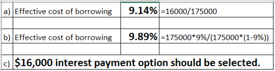 9.14%-16000/175000 a) Effective cost of borrowing 9.89%-175000*9%/(175000109%) b) Effective cost of borrowing c) $16,000 inte