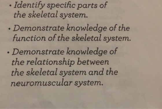 . Identify specific parts of the skeletal system . Demonstrate knowledge of the function of the skeletal system. Demonstrate