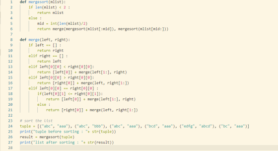 def mergesort (mlist): if len(mlist) < 2 1 2 return mlist else: mid = int (len (mlist ) /2) return merge(mergesort(mlist[:mid