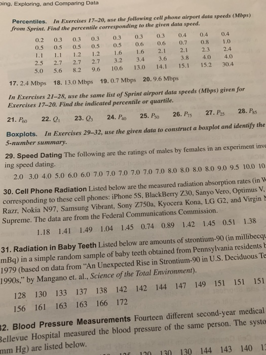 ping, Exploring, and Comparing Data In Exercises 17-20, use the following cell phone airport data speeds (Mbps) to the given