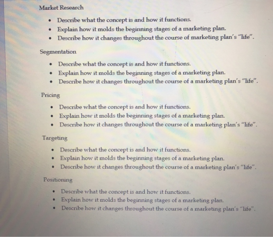 Market Research Describe what the concept is and how it functions. Explain how it molds the beginning stages of a marketing p