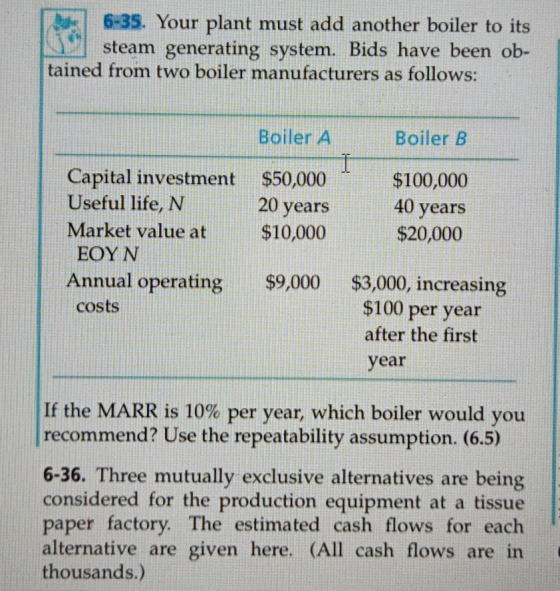 6-35. Your plant must add another boiler to its steam generating system. Bids have been ob- tained from two boiler manufactur