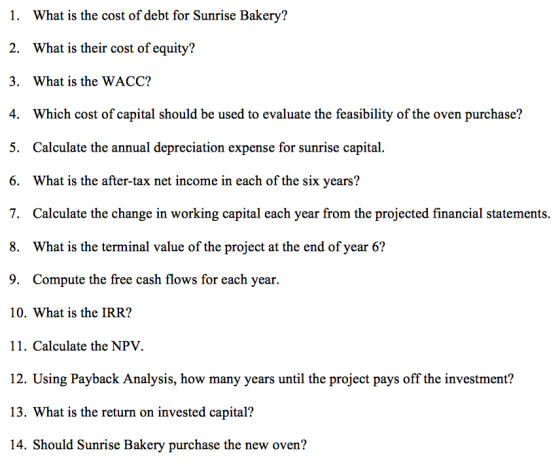 What is the cost of debt for Sunrise Bakery? 1. What is their cost of equity? 2. What is the WACC? 3. 4. Which cost of capita