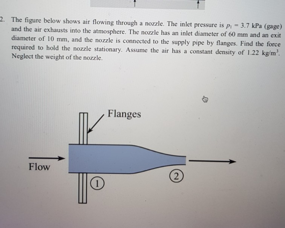 g through a nozzle. The inlet pressure is p 3.7 kPa (gage) air flowing and the air exhausts into the atmosphere. The nozzle h