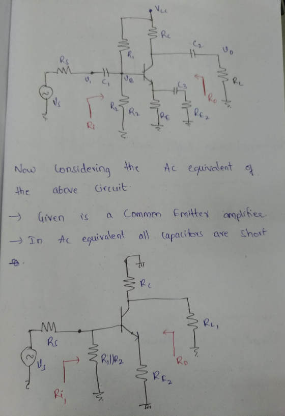 Ri Ac equivalent Now Consideving the Ciccuit above the ampifee Common Emittex Given is short are AC eguivalent all capacitors