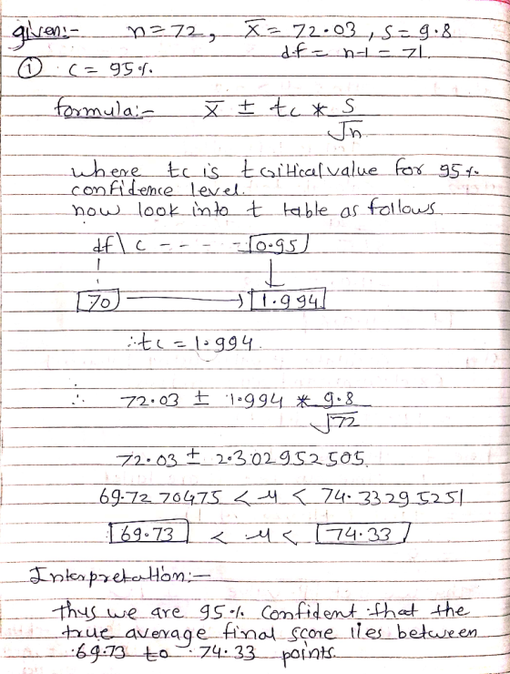 Jn confldence Level now look-Ink t- table as falous 2-3-02. g S 2505 プ2-03 〈 74.3329525| 6972 70475 < 63.73しく thus we 4re gS