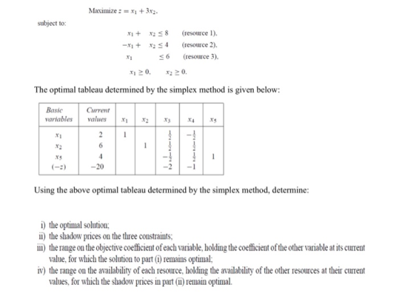 Maximize:-x 3x2 subject to: + S8 (resource 1). -xx (resource 2). s6 (resource 3). xi20.x2 20. The optimal tableau determined