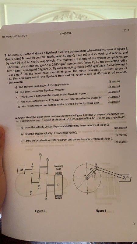 2018 ENGD2005 De Montfort University 3. An electric motor M drives a flywheel F via the transmission schematically shown in F