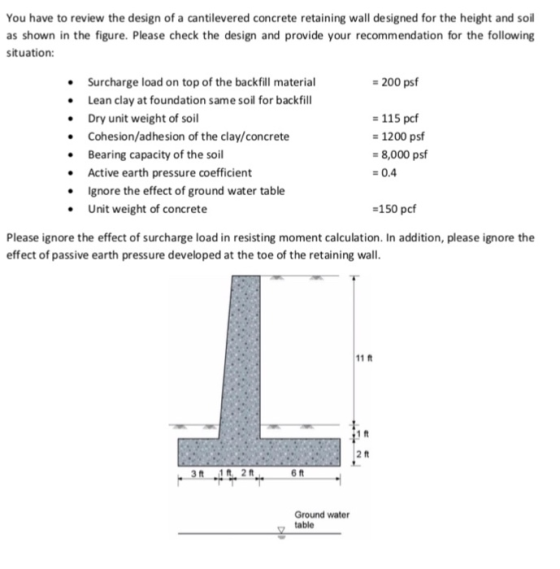 You have to review the design of a cantilevered concrete retaining wall designed for the height and soil as shown in the figu