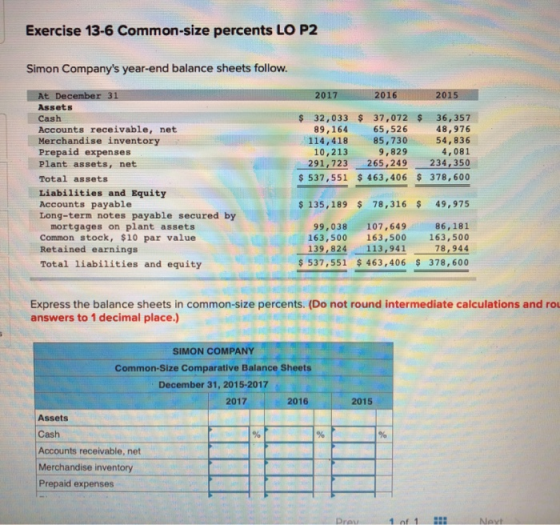 Exercise 13-6 Common-size percents LO P2 Simon Companys year-end balance sheets follow. At December 31 2015 20172016 s 32,03