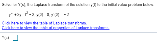 Solve for Y(s), the Laplace transform of the solution y(t) to the initial value problem below y+2yt22, y(0) = 0, y(0) = - 2