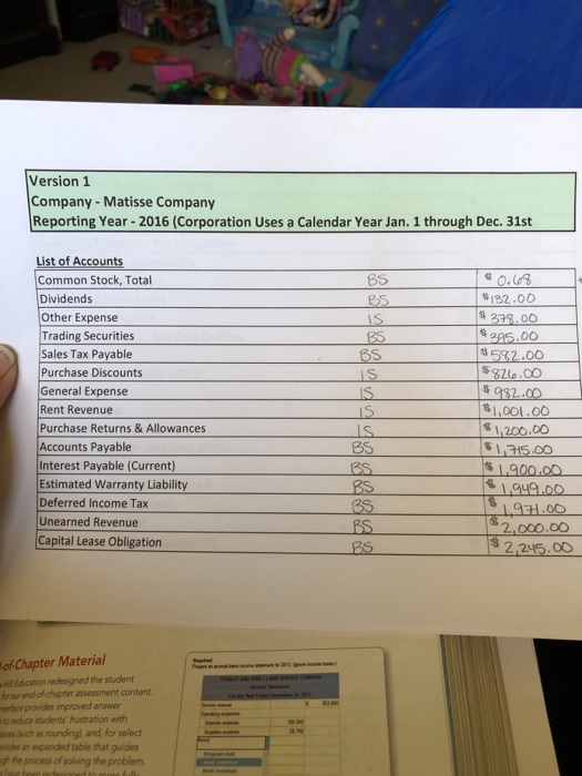 Version 1 Company -Matisse Company Reporting Year- 2016 (Corporation Uses a Calendar Year Jan. 1 through Dec. 31st List of Ac