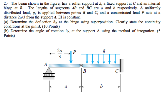 2.- The beam shown in the figure, has a roller support at A, a fixed support at C and an internal hinge at B. The lengths of