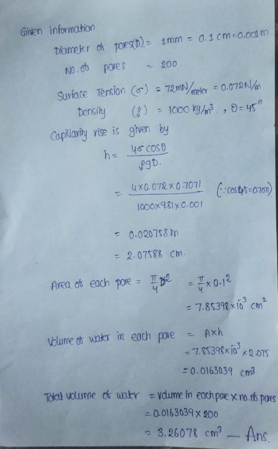 Given information no.ot pore s 200 Surface TersionmN meler 0.078N Copilavihy yise is ghen by pgb icoox981x 0.001 0.020758 hm