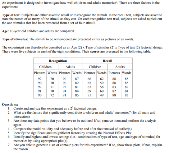 An experiment is designed to investigate how well children and adults memorize2. There are three factors in the experiment. T