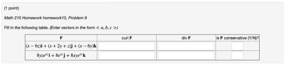 1 point Math 215 Homework homework10, Problem 9 Fill in the following table. (Enter vectors in the form< a, b,c >) curl F div