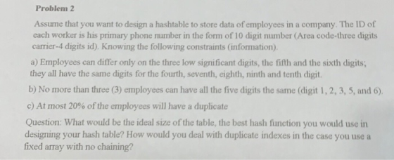 Problem 2 Assume that you want to design a hashtable to store data of employees in a company. The ID of each worker is his pr