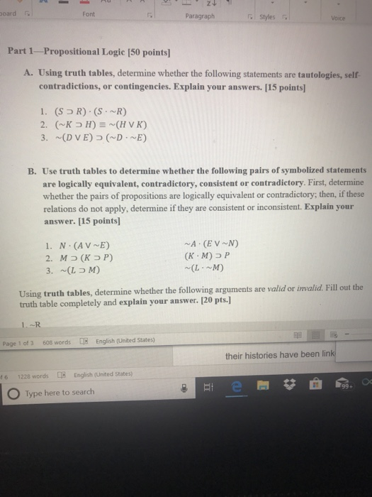 Font Paragraph Styles Voice Part 1-Propositional Logic (50 points A. Using truth tables, determine whether the following stat