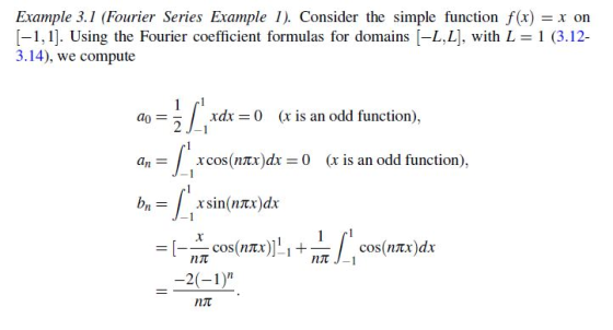 Example 3.1 (Fourier Series Example 1). Consider the simple function f(x) - x on [-1,1]. Using the Fourier coefficient formul
