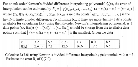 For an nth-order Newtons divided difference interpolating polynomial fn(x), the error of interpolation can be estimated by R