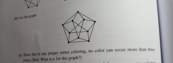 K4 For this graph (a) Show that in any proper vertex coloring, no color can occur more than three times. (Hint: What is α for