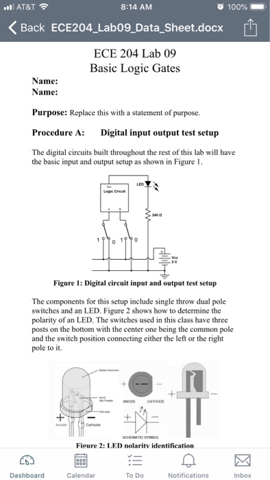AT&T 8:14 AM 100% < Back ECE204.Lab09-DataSheet.docx Гђ ECE 204 Lab 09 Basic Logic Gates Name: Name: Purpose: Replace this wi