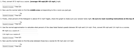 1. First, convert 97.5 mph to a z score. (average-90 mph,SD-15 mph.) mph Submit Answer Tries 0/5 2. Now use the normal table