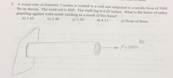 2. A round tube of diameter 2 inches is welded to a wall and subjected to a tensile force of 5000 lbs as shown. The weld rod