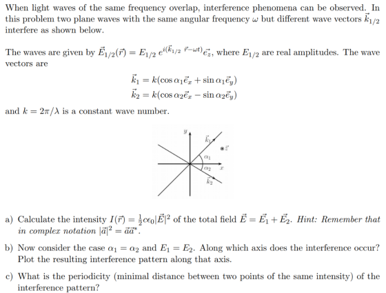 When light waves of the same frequency overlap, interference phenomena can be observed. In this problem two plane waves with