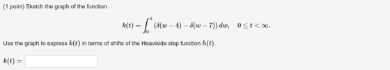 (1 point) Sketch the graph of the function K 00 0 Use the graph to express k(t) in terms of shifts of the Heaviside step func