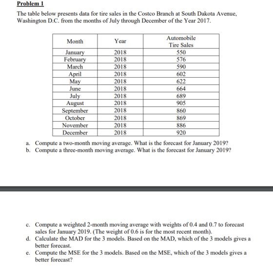 Problem 1 The table below presents data for tire sales in the Costco Branch at South Dakota Avenue, Washington D.C. from the