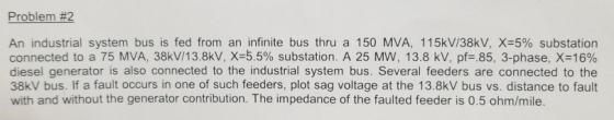 Problem #2 An industrial system bus is fed from an infinite bus thru a 150 MVA, 115kV/38kV, X=5% substation connected to a 75