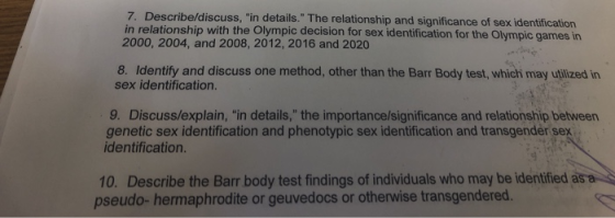7. Describe/discuss, in details. The relationship and significance of sex identification in relationship with the Olympic d