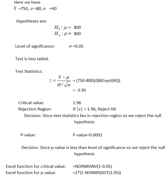Here we have x:750,0-80, n -40 Hypotheses are: Ha: μ# 800 Level of significance: 0.05 α Test is two tailed. Test Statistics: