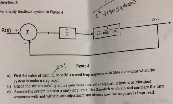 Question 5 or a unity feedback system in Figure 4 C(s) (s+40%s +100) Figure 4 a) Find the value of gain, K, to yield a closed