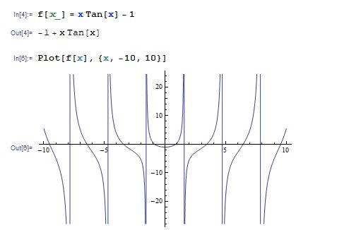 =x Tan [x]-1 ] f [ x I [4]:= Out4 -1-xTan[x] Inlej Plot[f[x], (x, 10, 10)] 20 10 10 Outl -10 10 20
