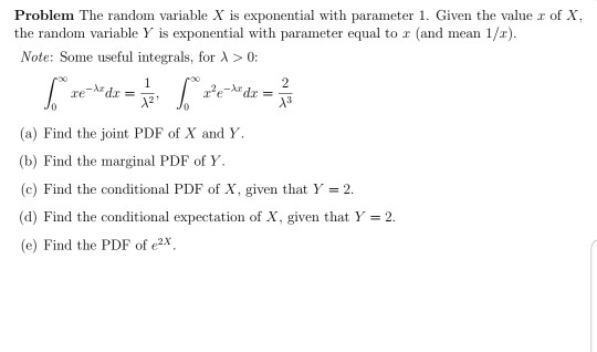 Problem The random variable X is exponential with parameter 1. Given the value r of X, the random variable Y is exponential w
