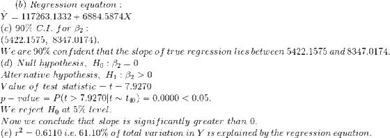 (b) Regression equation: У = 1 17263.1332+6884.5874X (c) 90% C.1. for β2: (5422.1575, 8347.0174) We are 90% confident that th