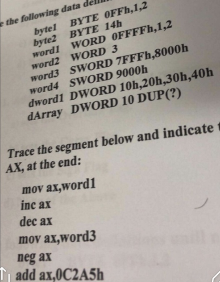 e the following data de bytel BYTE OFFH,1,2 byte2 BYTE 14h word1 WORD OFFFFh,1,2 word2 WORD 3 word3 SWORD 7FFFh,8000h word4 S