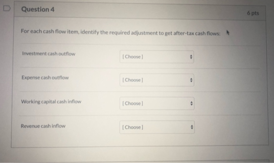 Question 4 6 pts For each cash flow item, identify the required adjustment to get after-tax cash flows: Investment cash outfl