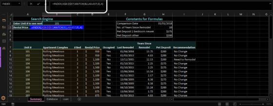 INDEX INDEXIAS8 D$57,MATCH(B2,A8:A57,0),4) Search Engine Constants for Formulas 01/01/2018 10 $275 2 Enter Unit # to see rent