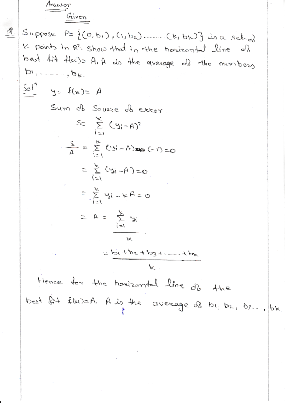 Armiser Given k pont, in R2. Show tha! İnthe horizont, line -2 e. nun bers Soth Sum db Square db exter 1s besfPrttu)2A, A.).t