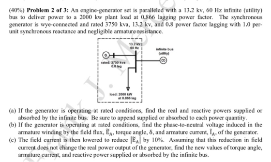 (40%) Problem 2 of 3: An engine-generator set is paralleled with a 13.2 kv, 60 Hz infinite (utility) bus to deliver power to