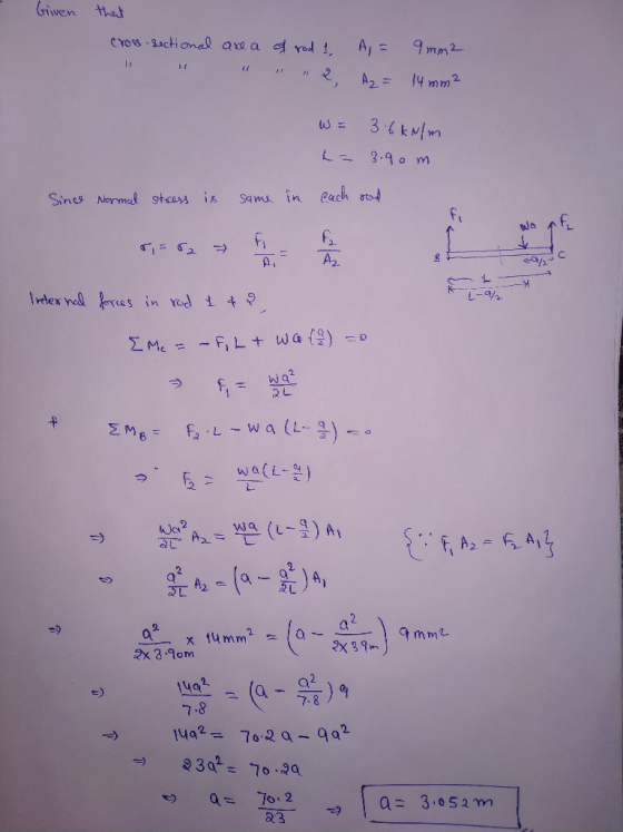 Given hat CYOS-Lactional are a drod Aj 12 A2 = 14 mm2 36 kMm LA 3-9o m Rach ot Sines Normel stcars is Sams in f A2 Fi E2 Ai T