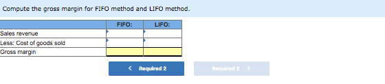 Compute the gross margin for FIFO method and LIFO method. FIFO: LIFO: Sales revenue Less: Cost of goods sold Gross margin Req