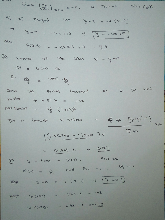 aiuon df Point (317) ma-4 of Tanjad = 4 (x-3) - t19 Also FCa.8) 7.8 +19 Th9 Voluma Sphea Of RY3 N 4T992 Th9 Sinca nadius incr